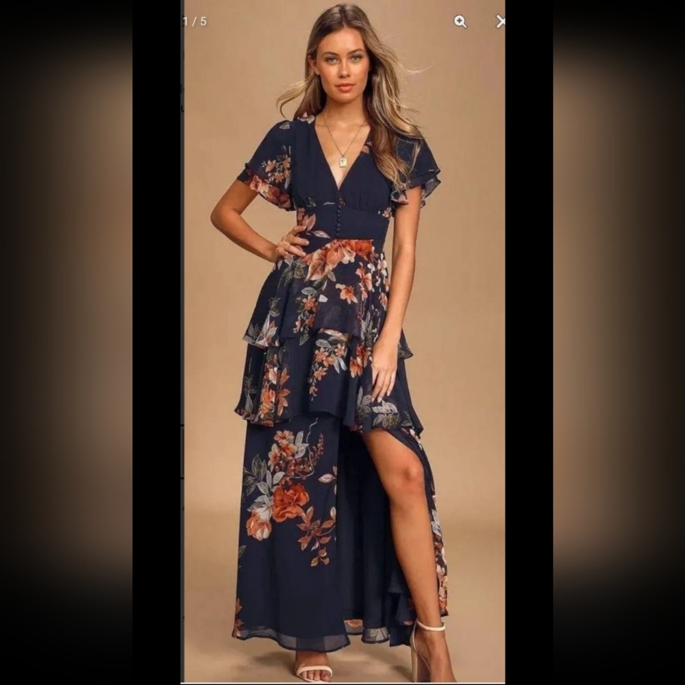 Midnight Mood Navy Blue Floral Print Tiered Maxi Dress Size XS - Picture 7 of 11
